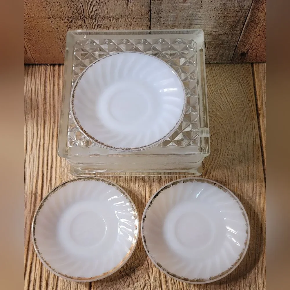 Fire King White Milk Glass rimmed in 24 ct Gold. Tea / Coffee plates. Set of 3.
